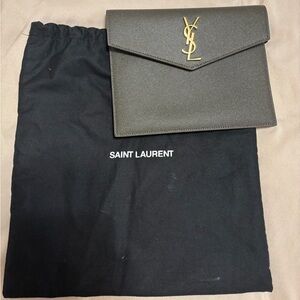 Saint Laurent Black Textured Leather Envelope Clutch with Gold YSL Logo